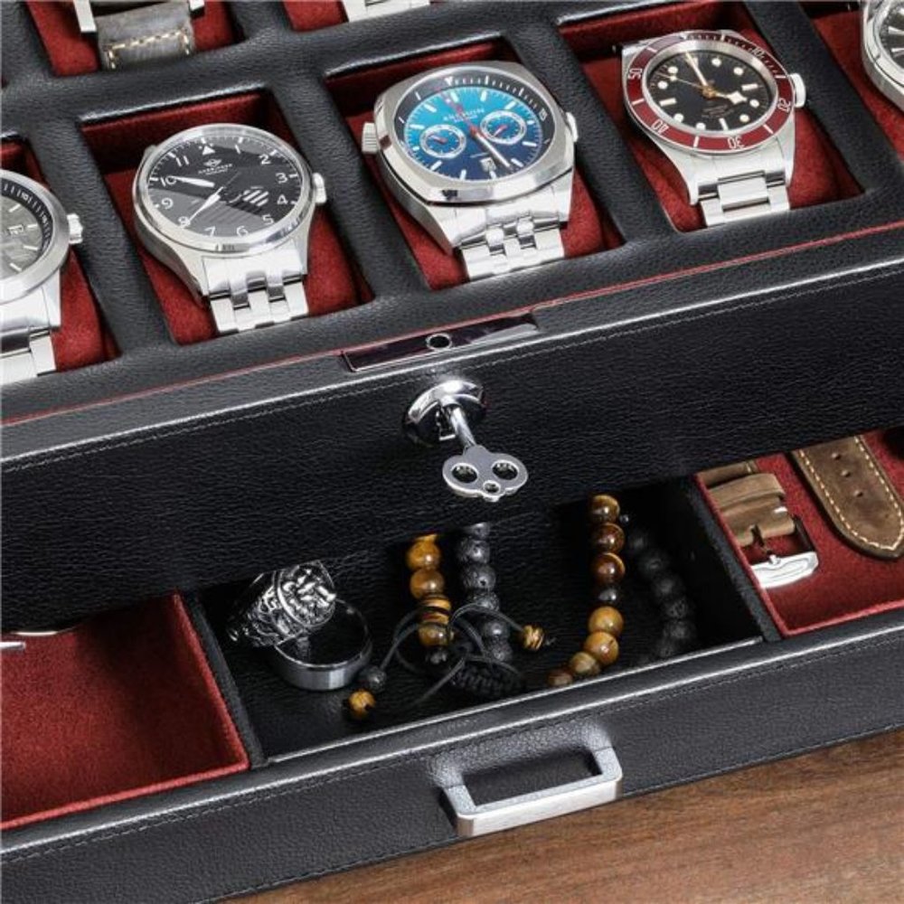 12 Slot Leather Watch Box with Valet Drawer - 12 Slot Luxury Watch Case Display - Picture 6 of 6